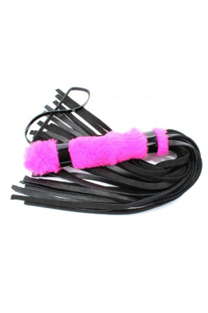 Черная плеть с розовой меховой рукоятью - 44 см.